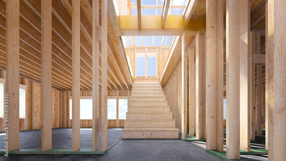 Inside assembling a frame house. 3d illustration Inside assembling a frame house. 3d illustration