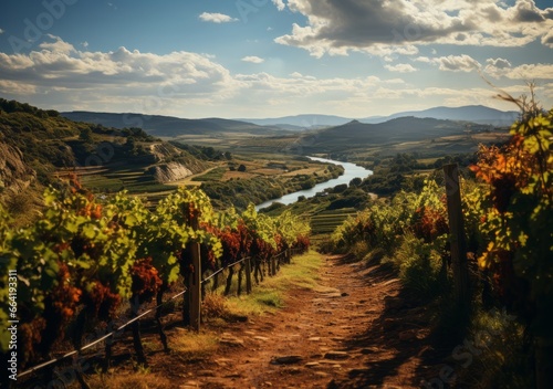 Ripe grapes in vineyard at sunset, Tuscany, Italy.Charming Vineyards in the Morning Sun Charming Vineyards Bathed in the Warm Light of the Morning Sun