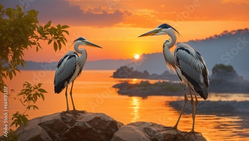 two herons at sunset