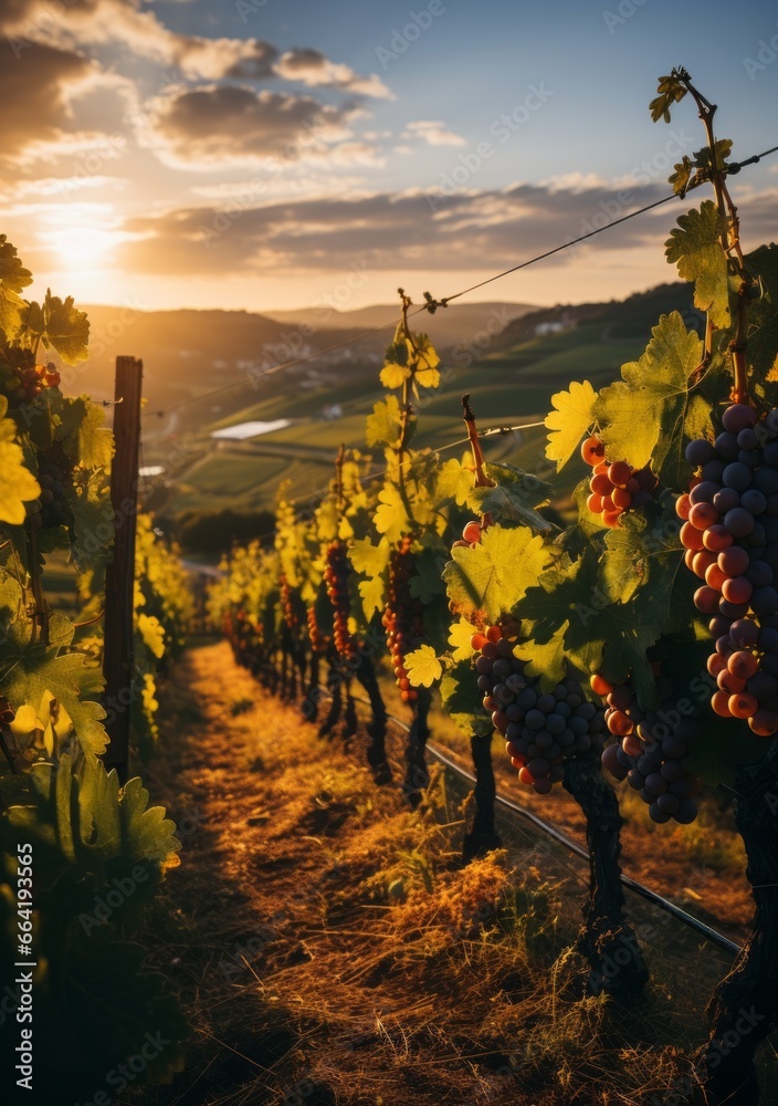 Ripe grapes in vineyard at sunset, Tuscany, Italy.Charming Vineyards in the Morning Sun Charming Vineyards Bathed in the Warm Light of the Morning Sun