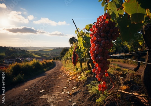 Ripe grapes in vineyard at sunset, Tuscany, Italy.Charming Vineyards in the Morning Sun Charming Vineyards Bathed in the Warm Light of the Morning Sun