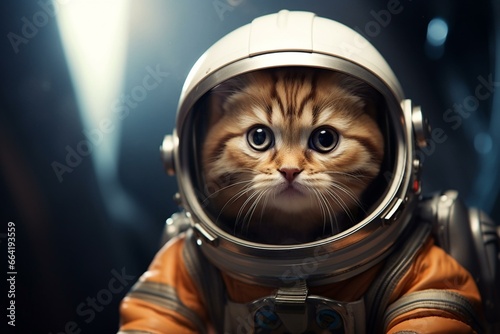 Adorable feline dressed in astronaut outfit. Generative AI photo