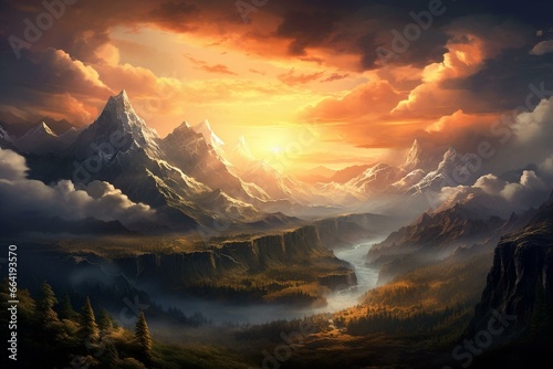 Sunset over mountains. Generative AI © Ayub
