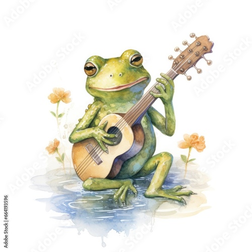 Watercolor green frog playing a tiny musical instrument on white background. © Anny