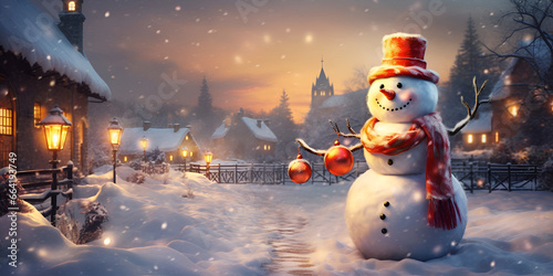 A snowman with a flashlight. Christmas mood. Christmas Card. Copy space