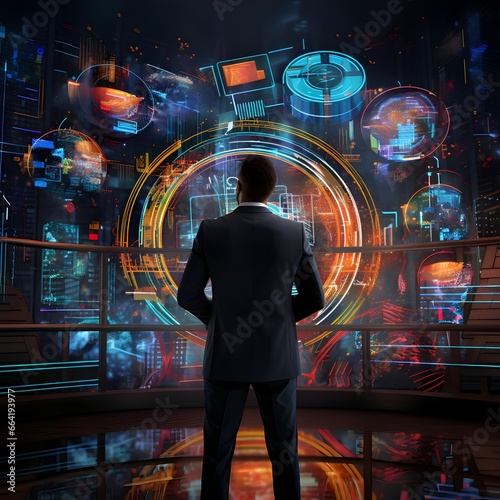 A stock analyst evaluates market dynamics on an energetic 3D digital backdrop with vibrant colors and intricate patterns.
