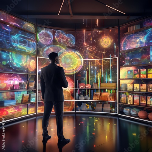 An investment expert reviews market conditions against an animated 3D digital backdrop with energetic colors and intricate patterns.