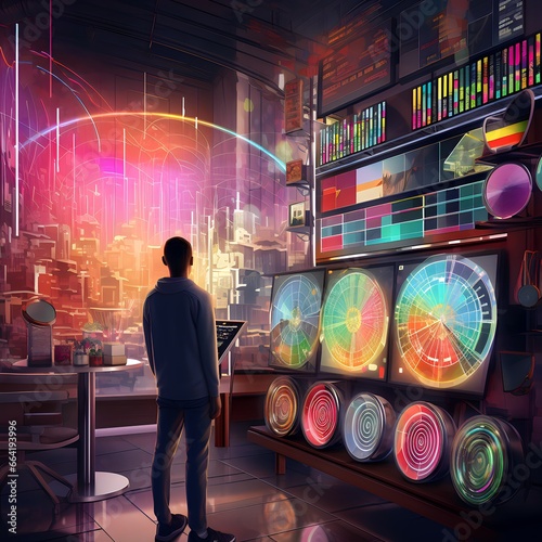 A trader studies market trends on a dynamic 3D digital environment with bold colors and detailed patterns.