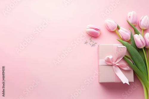 Pink gift box with ribbon bow and bouquet of tulips on isolated pastel pink background. © Anny