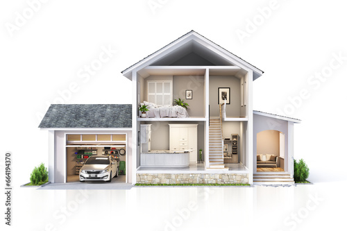 House concept. Sliced house with interior. 3d illustration
