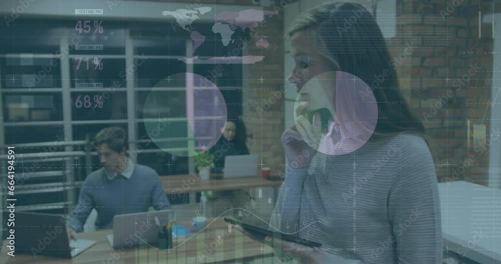 Animation of financial data processing over diverse business people in office Animation of financial data processing over diverse business people in office