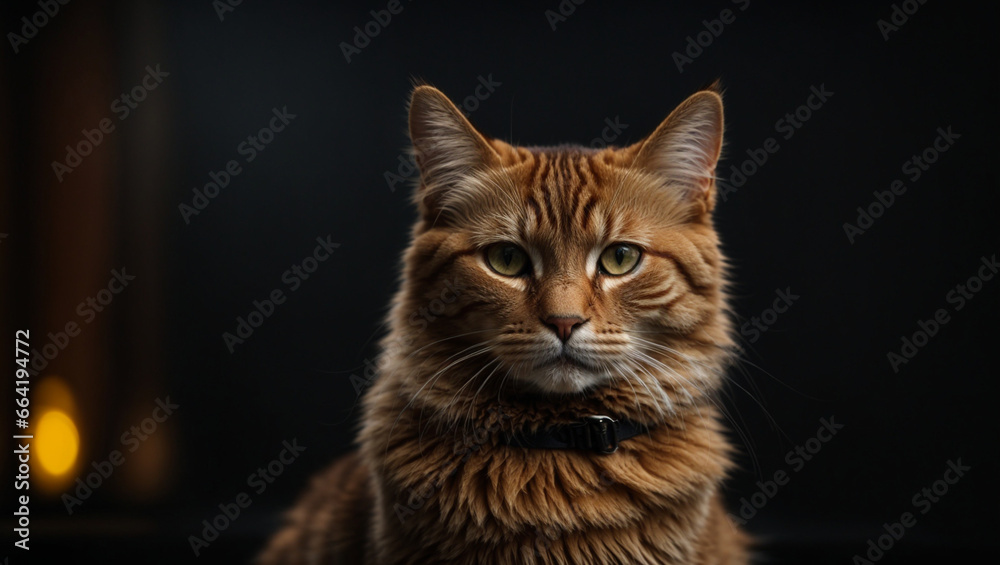 cat isolated on a black background. Backdrop with copy space