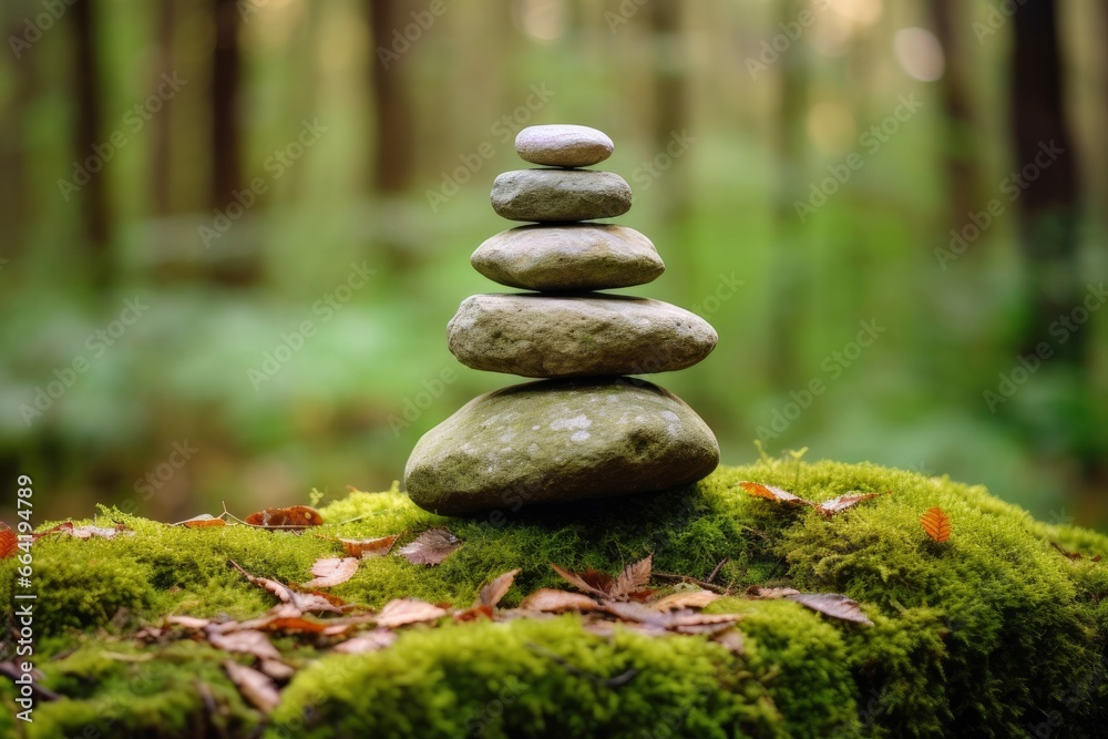 Pyramid stones balance on old mossy fallen tree. Pyramid stones balance on old mossy fallen tree.