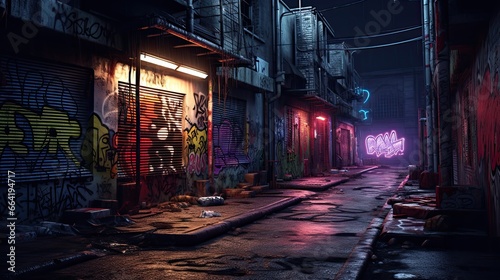 Street in cyberpunk city  alley with neon light and graffiti