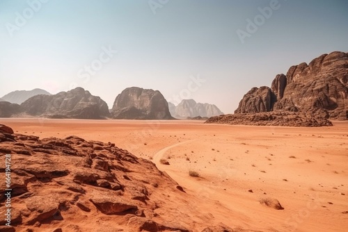 Wadi Rum desert and Jabal al Qattar mountain with red sand. Generative AI