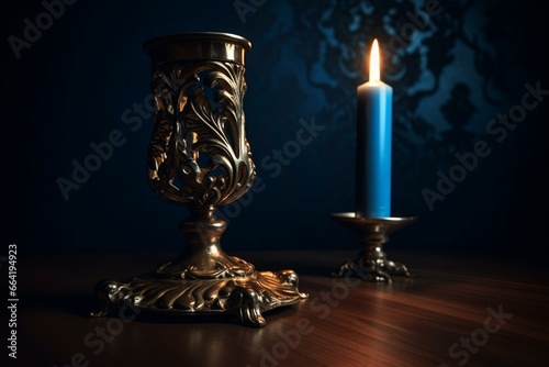 An ornate candleholder with a dark candle on a brown background and blue shadows. Generative AI