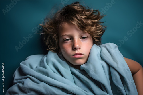 Health care concept. Stressful sick boy looks in displeasure, cures at home, suffers from cold, fever, has symptoms of flu, isolated on blue background
