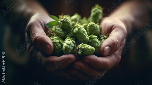 a man holding green hop cones. Green hops for beer.