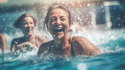 Active women enjoying aqua fit class in a pool, displaying joy and camaraderie, embodying a healthy, Exercise in water. © tong2530