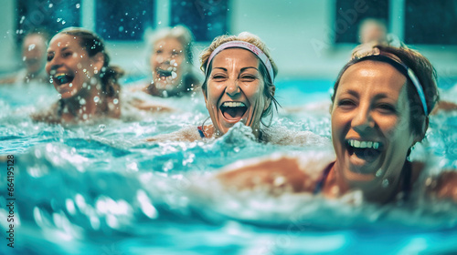 Active women enjoying aqua fit class in a pool, displaying joy and camaraderie, embodying a healthy, Exercise in water.
