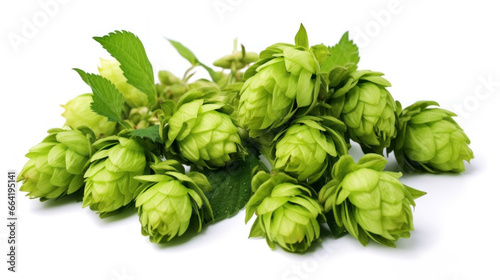 Fresh cones of green hops isolated on a white background.