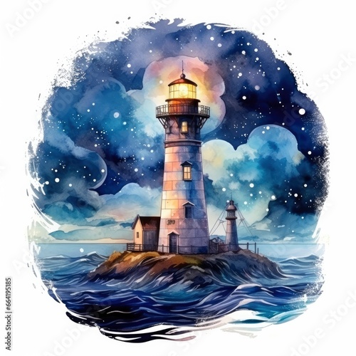 Lighthouse beside the sea at Night. watercolor for T-shirt design.