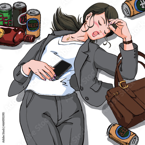 泥酔しているパンツスーツ姿の若い女性