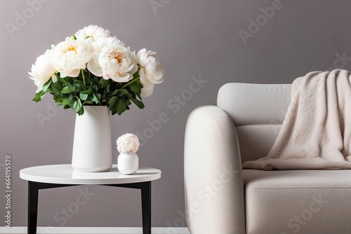 Vase of white peonies with coffee table and armchair near grey wall.