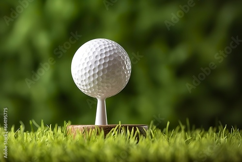 White golf ball on wooden tee with grass.