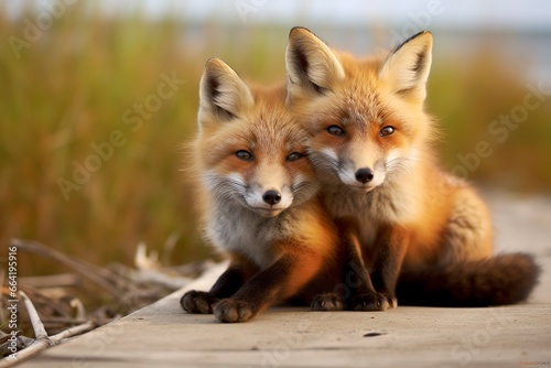 Wild baby red foxes cuddling at the beach. © Anny