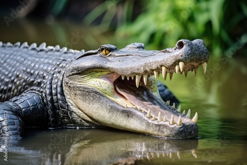 Crocodile with its mouth wide open with a green lake in the green background. © Anny