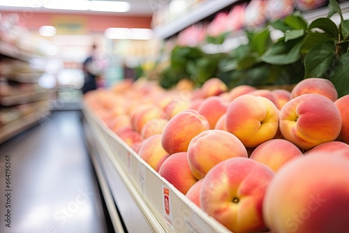 Diminishing photo of healthy fruits peaches in a supermarket