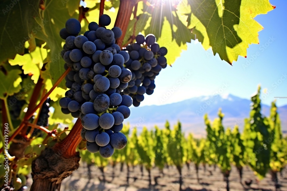 Vivid: grapes, vineyard, Mendoza, sunny day. Generative AI
