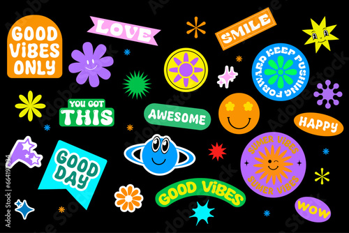 Cool trendy retro stickers with smile faces, cartoon comic label patches. Funky, hipster retrowave stickers in geometric shapes. Vector illustration of y2k , 90s graphic design