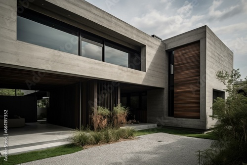 Cutting-edge, contemporary design showcasing a minimalist, artistic structure using concrete, steel, and wood materials. Generative AI © Fabian