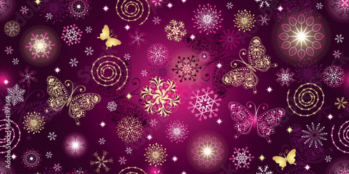 Vector seamless hand drawn christmas dark purple pattern with openwork butterflies and golg snowflakes photo