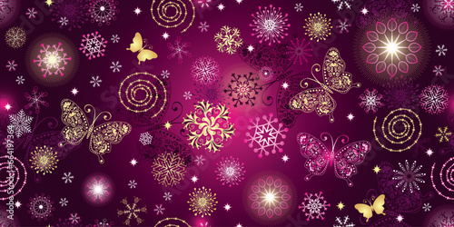 Vector seamless hand drawn christmas dark purple pattern with openwork butterflies and golg snowflakes