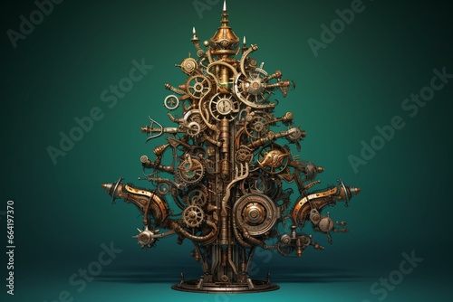 Christmas tree with a fusion of steampunk and cyberpunk style against a neutral background. Generative AI