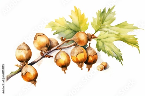 Watercolor illustration of hazelnut branch with seeds on white background. Generative AI