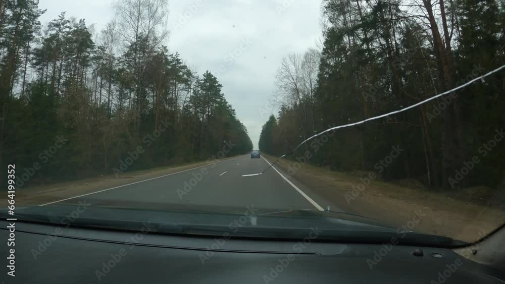 A car travelling on an asphalt road in the countryside. View from the passenger seat. Green spruce trees grow on the side of the narrow road. Grey sky. A crack in the glass. Travelling by car A car travelling on an asphalt road in the countryside. View from the passenger seat. Green spruce trees grow on the side of the narrow road. Grey sky. A crack in the glass. Travelling by car