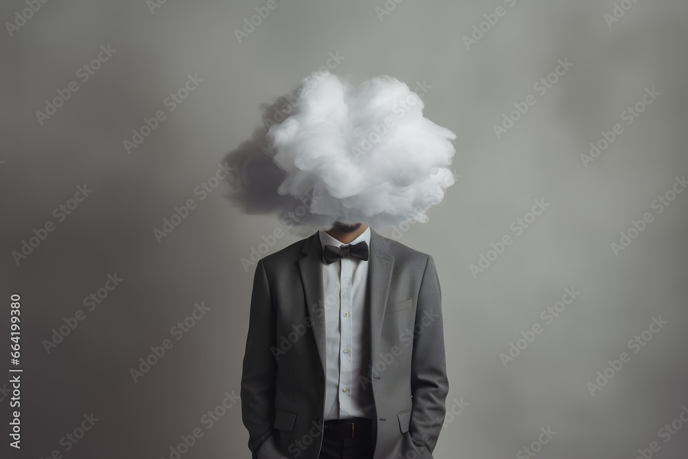 Man with cloud over his head depicting solitude and depression, abstract concept of loneliness and anxiety