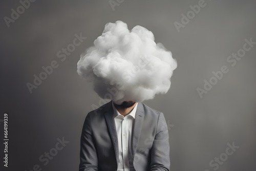 Man with cloud over his head depicting solitude and depression, abstract concept of loneliness and anxiety photo