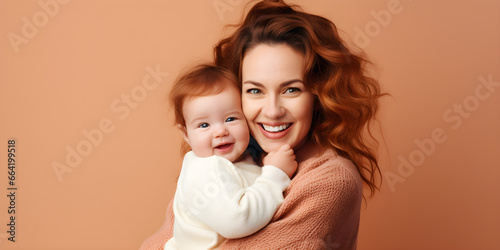 Happy Mom holding baby, isolated on soft colour background