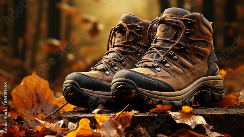 Brown hiking boots on fallen leaves in a forest with a solarization effect, realistic scenery, and detailed hunting scenes