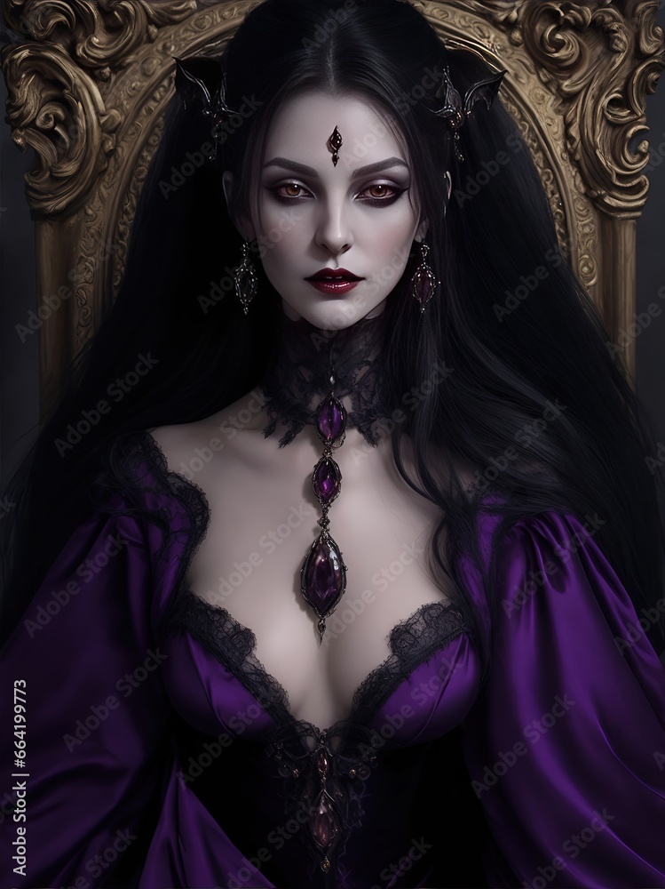 Portrait of a beautiful gothic woman with dark hair and purple dress. Portrait of a beautiful gothic woman with dark hair and purple dress.