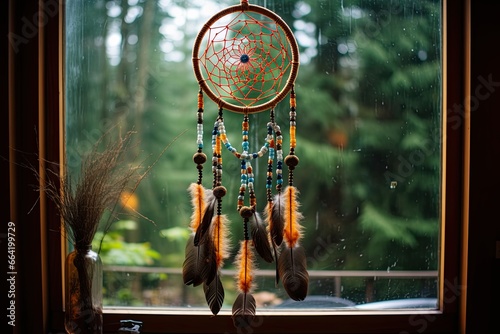 Dream catcher hanging in a home window Room