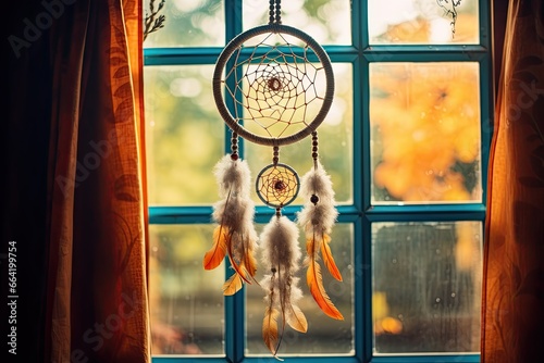 Dream catcher hanging in a home window Room