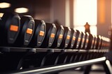 Rows of dumbbells weight training on rack gym