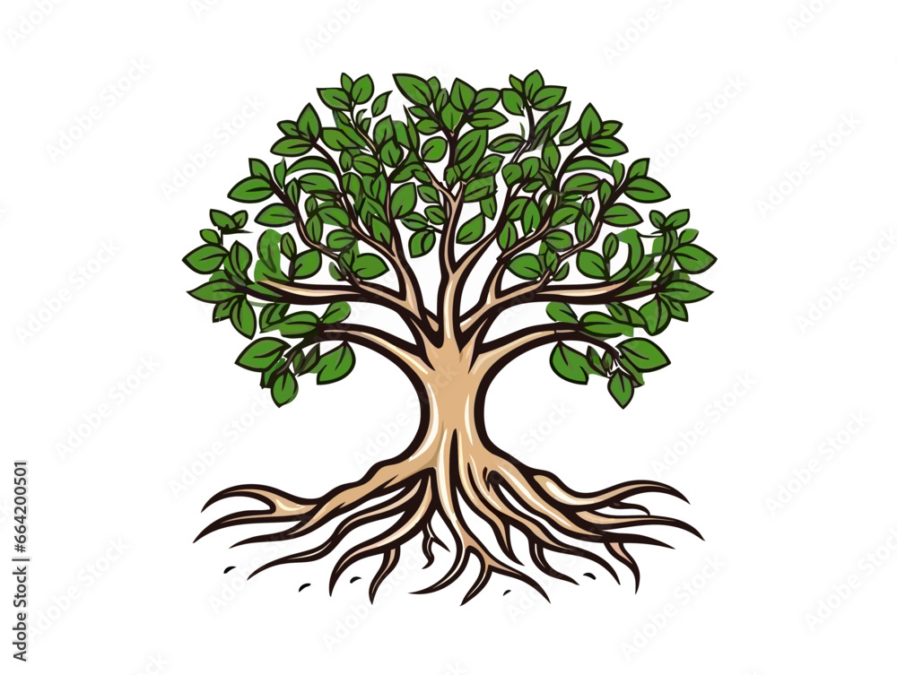 Doodle Tree with roots, cartoon sticker, sketch, vector, Illustration, minimalistic