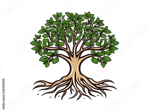 Doodle Tree with roots, cartoon sticker, sketch, vector, Illustration, minimalistic